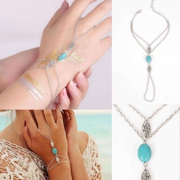 Silver and Turquoise Bracelet Hand Harness - Picture 6 of 7